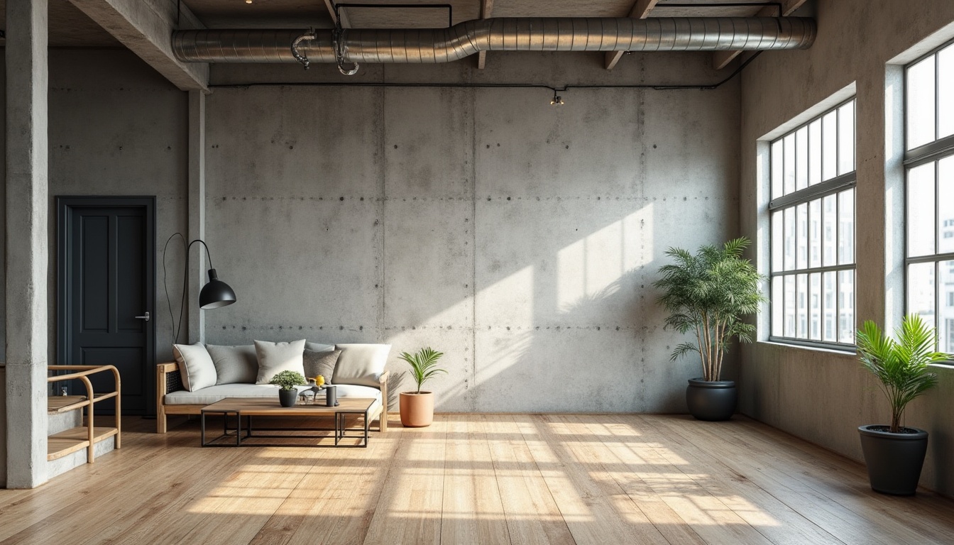 Prompt: Industrial chic backdrop, raw concrete walls, polished metal accents, reclaimed wooden floors, minimalist furniture, functional decor, monochromatic color scheme, bold typography, geometric patterns, brutalist architecture, clean lines, rectangular forms, functional simplicity, natural light pouring in, high ceilings, open floor plans, urban loft atmosphere, soft warm lighting, 1/1 composition, shallow depth of field, realistic textures.