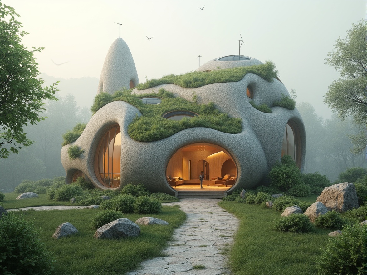 Prompt: Organic blob-shaped church, eco-friendly materials, green roofs, solar panels, wind turbines, natural stone fa\u00e7ade, curved lines, minimalist interior, clerestory windows, soft diffused lighting, peaceful atmosphere, lush surrounding vegetation, misty morning, subtle color palette, earthy tones, rustic textures, 1/1 composition, symmetrical view, ambient occlusion.