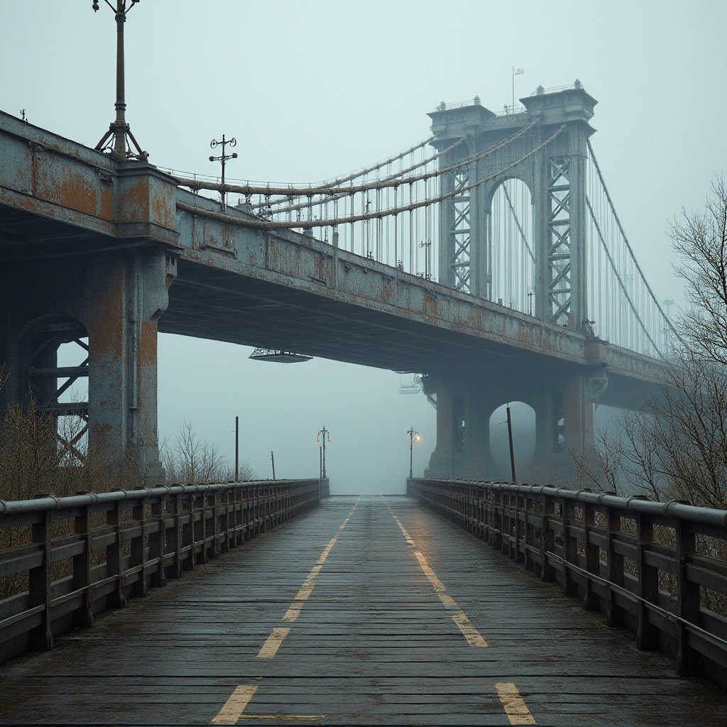 Prompt: Rustic steel bridges, weathered wooden piers, robust concrete foundations, durable cable systems, sturdy suspension towers, high-strength bolts, reinforced composite materials, galvanized coatings, anti-corrosion treatments, textured walkways, safety railings, illuminated streetlights, misty morning atmosphere, soft natural lighting, shallow depth of field, 1/1 composition, realistic textures, ambient occlusion.