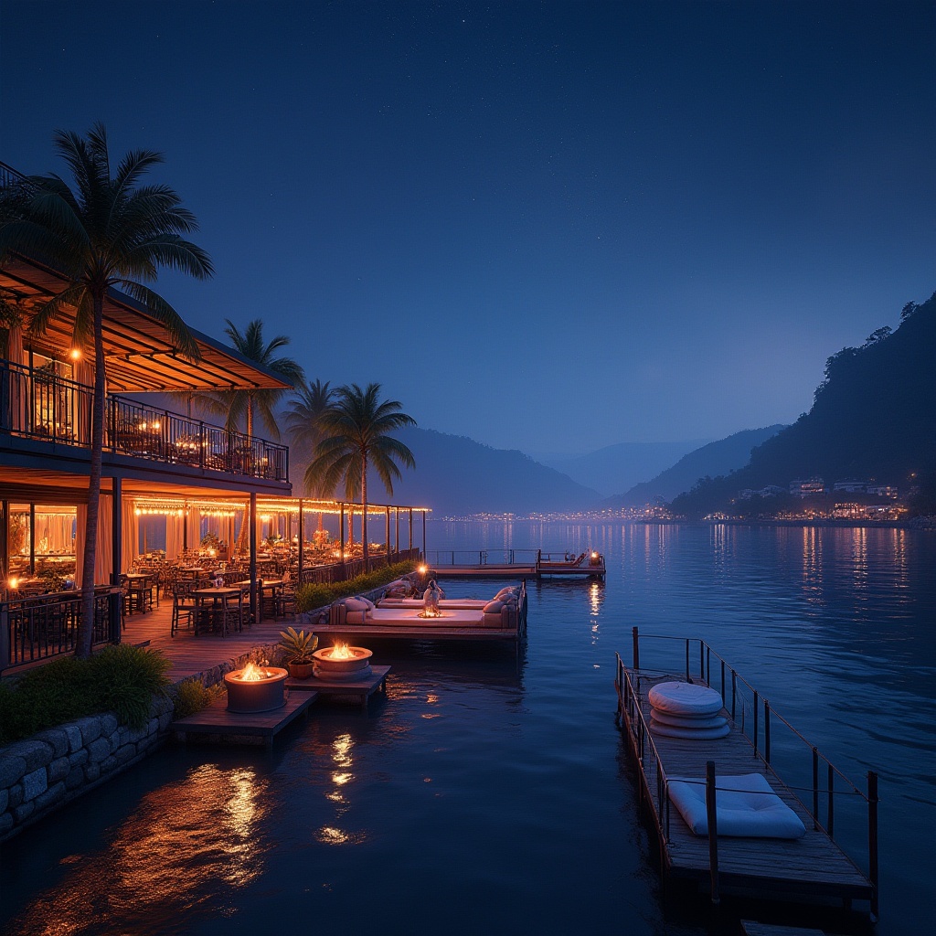 Prompt: Luminous lakefront, starry night sky, soft misty atmosphere, tranquil water reflections, modern nightclub architecture, sleek metal railings, LED light installations, vibrant color schemes, comfortable outdoor seating, fire pit gatherings, warm ambiance, gentle lapping waves, lush greenery, tropical plants, wooden dock pathways, twinkling string lights, shallow depth of field, 1/2 composition, panoramic view, realistic water simulations, ambient occlusion.