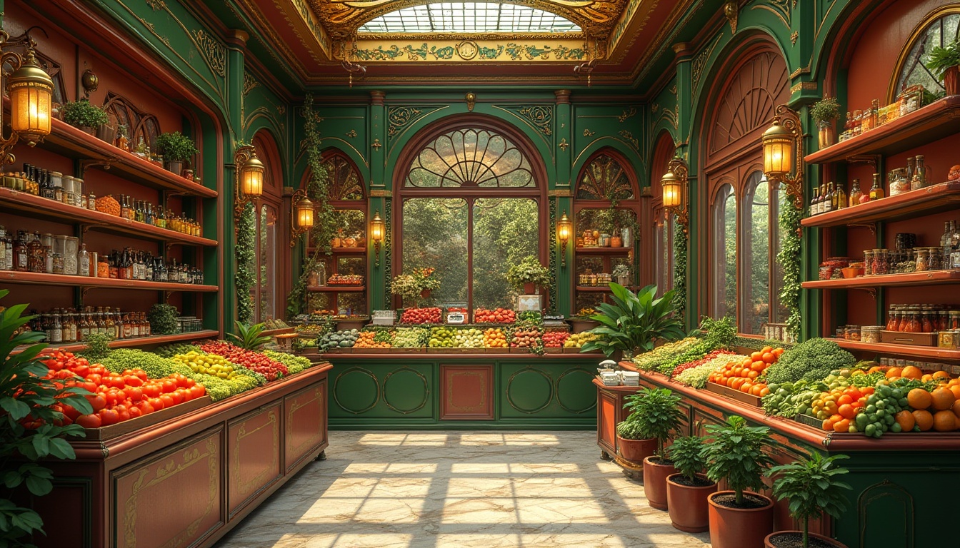 Prompt: Vibrant grocery store, Art Nouveau style, warm earthy tones, rich jewel-toned colors, emerald green walls, terracotta red accents, golden yellow highlights, ornate wooden shelves, intricate metalwork, stained glass ceiling, natural stone floors, elegant typography, flowing organic patterns, lush greenery, abundant fresh produce, soft warm lighting, shallow depth of field, 3/4 composition, realistic textures, ambient occlusion.