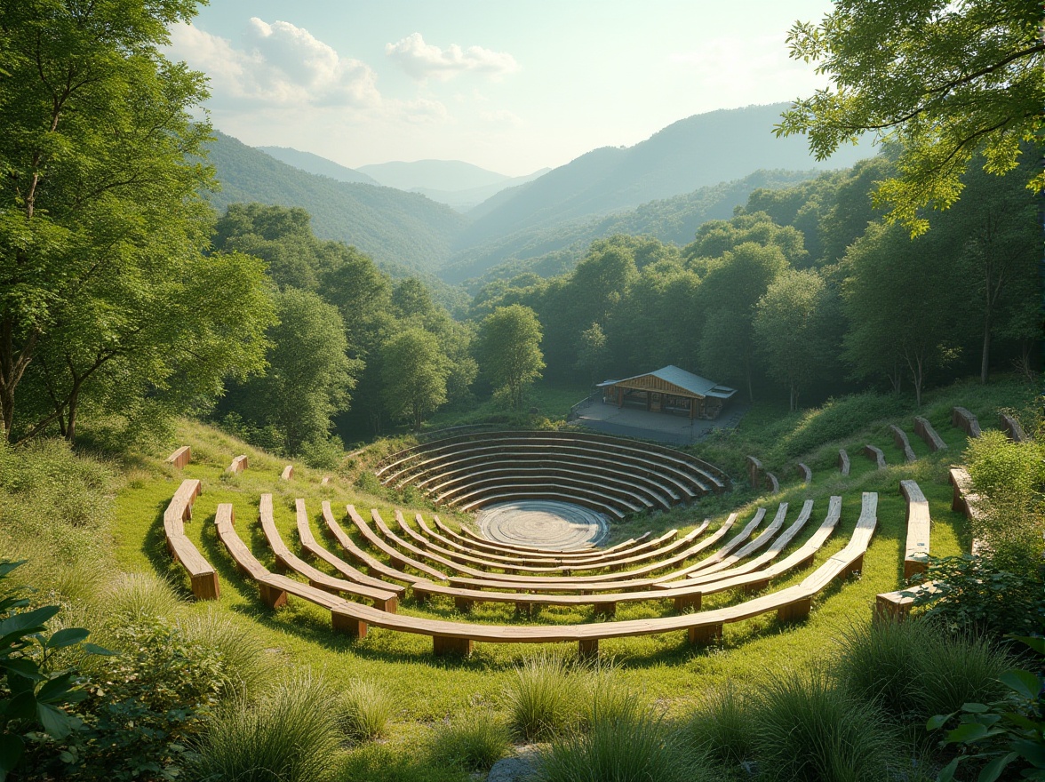 Prompt: Natural amphitheater setting, lush green hills, tiered seating areas, wooden benches, grassy slopes, open-air atmosphere, gentle breeze, warm sunny day, soft natural lighting, minimal echo, clear sound projection, optimal speaker placement, acoustic shell design, diffused sound reflections, audience-centric layout, curved stage design, rustling leaf sounds, birds chirping ambiance, distant water feature sounds, 3/4 composition, panoramic view, realistic textures, ambient occlusion.