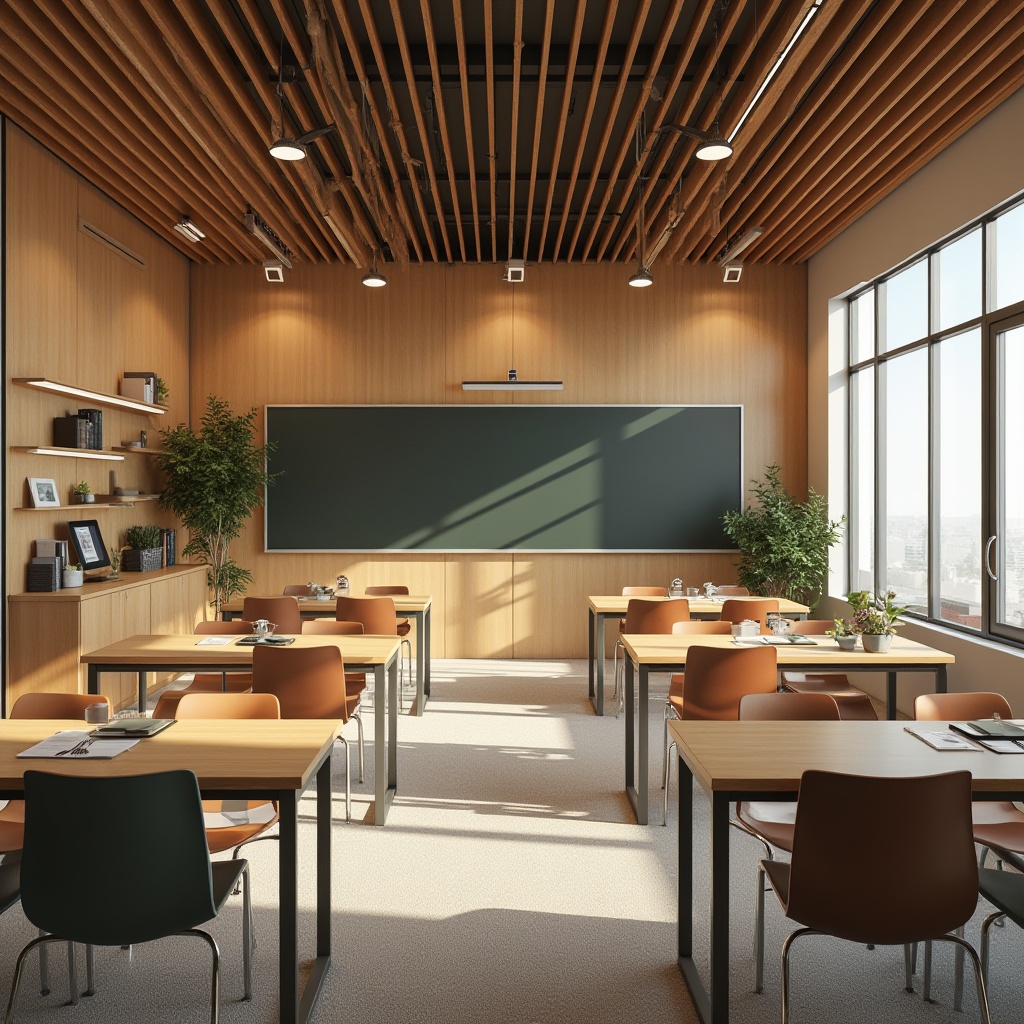 Prompt: Cozy learning environment, natural wood accents, comfortable seating areas, modular furniture, collaborative workspaces, interactive whiteboards, abundant task lighting, calming color schemes, minimal decor, ample storage solutions, ergonomic chairs, flexible desk arrangements, inspirational quotes, soft carpeting, subtle textures, warm ambient lighting, 1/1 composition, intimate atmosphere, realistic rendering.