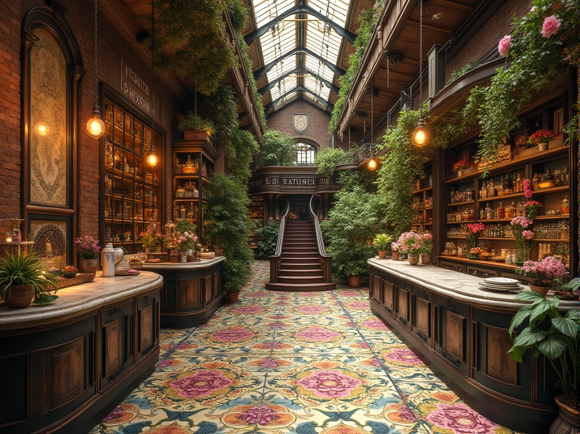 Prompt: Intricate floral patterns, ornate ironwork, flowing organic curves, vibrant colorful tiles, luxurious marble countertops, elegant wooden shelves, stained glass ceilings, ornamental lighting fixtures, curved staircases, vintage-inspired signage, rustic brick walls, abundant greenery, overflowing flower arrangements, warm golden lighting, shallow depth of field, 1/1 composition, soft focus, realistic textures.