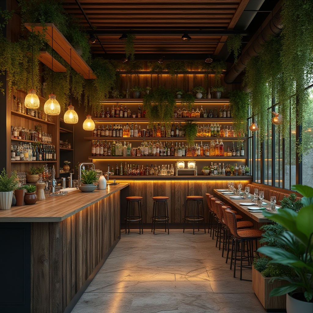 Prompt: Eco-friendly bar interior, reclaimed wood accents, living green walls, bamboo countertops, recycled metal fixtures, energy-efficient lighting, natural stone flooring, minimalist decor, earthy color palette, cozy atmospheric ambiance, warm dimmed lighting, shallow depth of field, 1/2 composition, realistic textures, ambient occlusion.