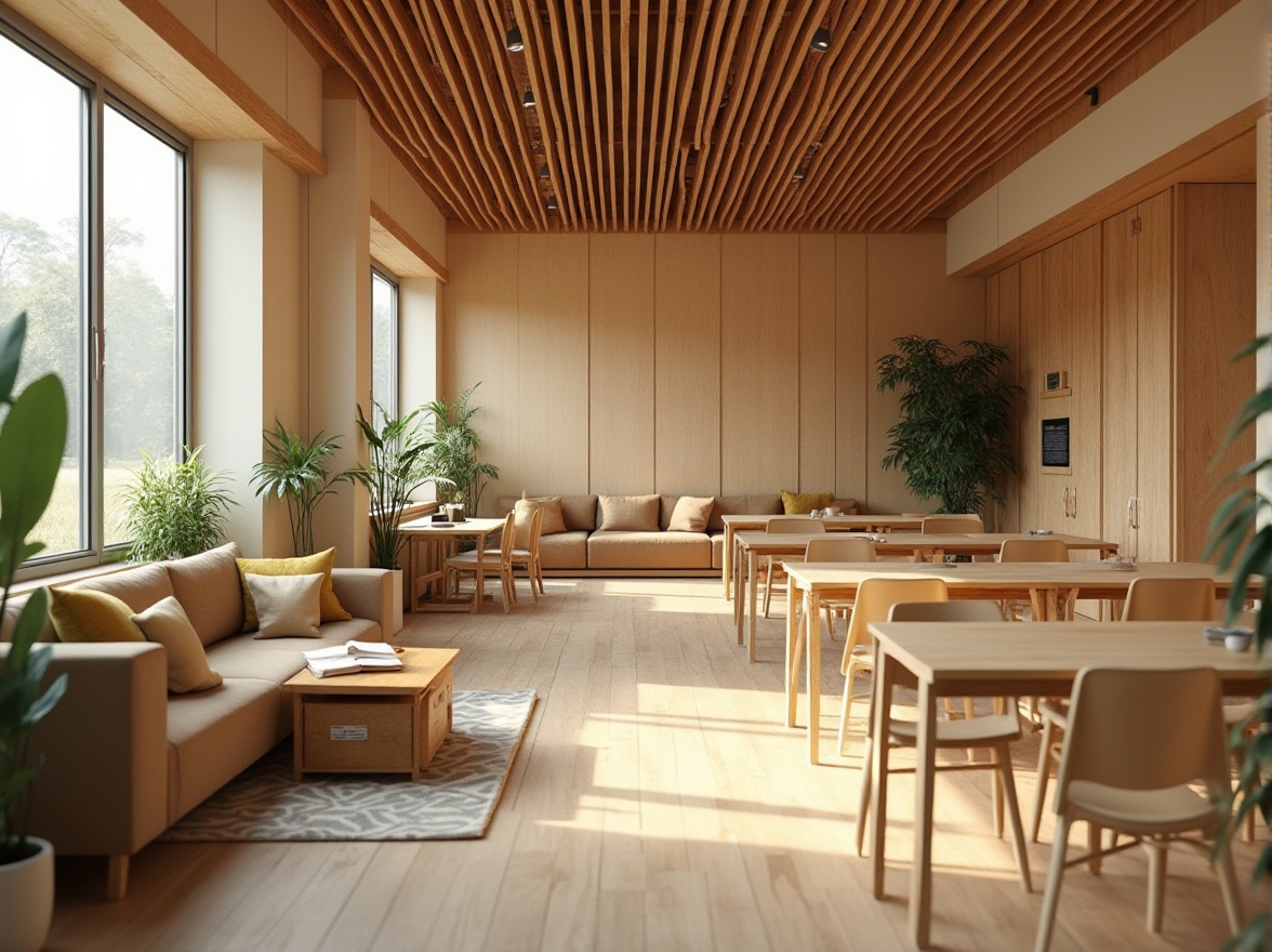 Prompt: Cozy learning environment, natural wood tones, warm beige walls, comfortable seating areas, collaborative workstations, modern minimalist desks, ergonomic chairs, ample storage shelves, inspirational quotes, abundant greenery, soft diffused lighting, 1/1 composition, intimate atmosphere, realistic textures, subtle ambient occlusion.