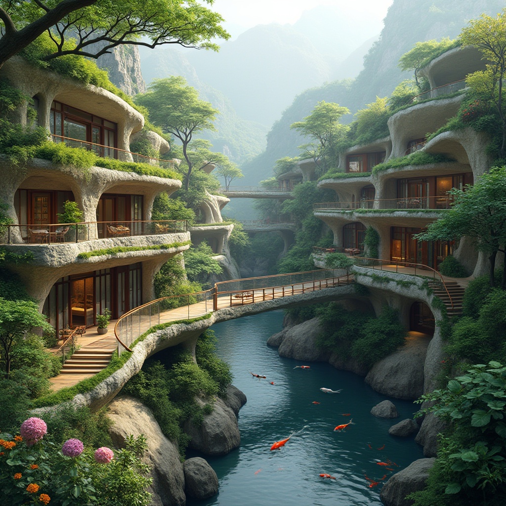 Prompt: Organic buildings, curved lines, natural stone walls, lush green roofs, cantilevered structures, suspended walkways, waterfall features, koi ponds, tropical plants, misty atmosphere, soft warm lighting, shallow depth of field, 3/4 composition, panoramic view, realistic textures, ambient occlusion, mountainous backdrop, serene valleys, meandering streams, rustic pathways, wooden bridges, blooming wildflowers, vibrant colorful gardens.