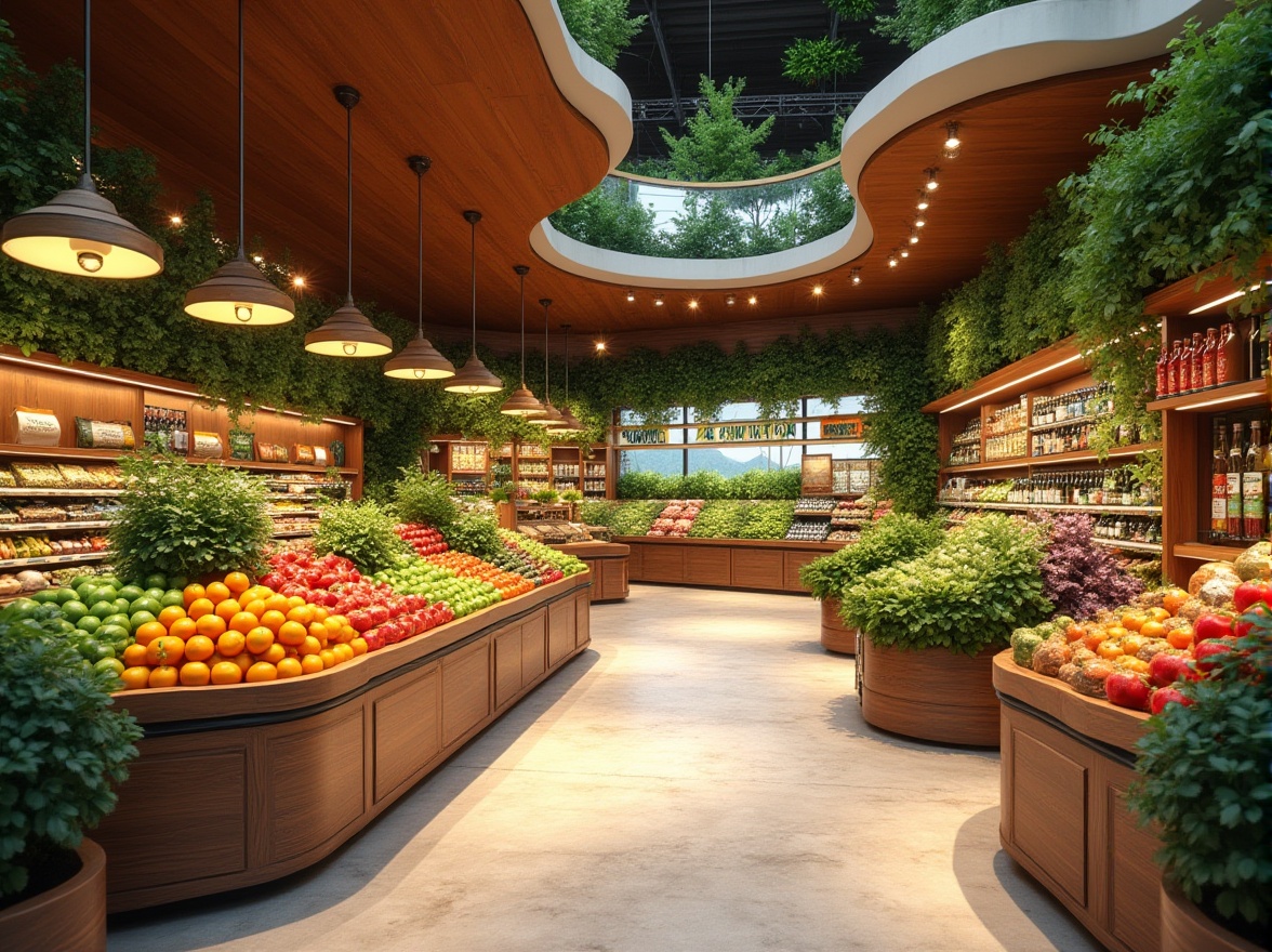 Prompt: Organic grocery store, curvaceous lines, flowing shapes, undulating rooflines, wavy patterns, vibrant colorful signage, natural materials, reclaimed wood accents, earthy tones, abundance of greenery, lush plants, living walls, soft warm lighting, minimal ornamentation, elegant simplicity, open floor plan, spacious aisles, rounded corners, seamless transitions, smooth curves, dynamic visual flow, 2.5D composition, atmospheric perspective, subtle gradations, realistic reflections.