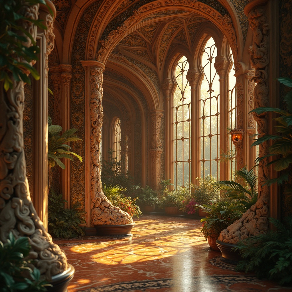 Prompt: Whimsical Art Nouveau architecture, flowing ornate lines, organic botanical forms, sinuous curves, warm earthy tones, rich jewel-toned accents, iridescent glass mosaics, intricate metalwork patterns, luxurious velvet textures, soft golden lighting, dramatic chiaroscuro effects, 1/1 composition, shallow depth of field, realistic reflections, ambient occlusion.