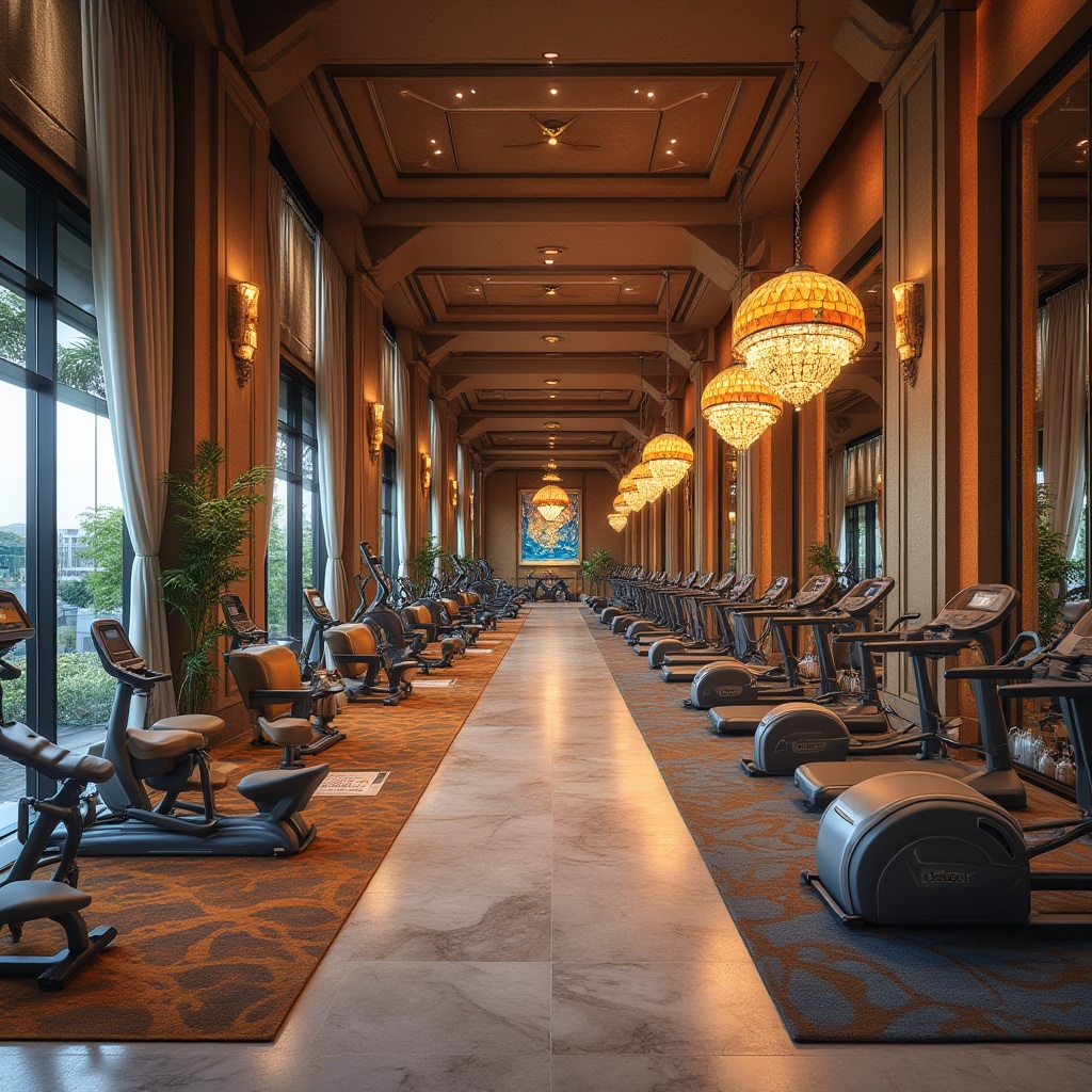 Prompt: Luxurious fitness club, ornate mirrors, polished chrome equipment, plush carpets, modern chandeliers, elegant wood accents, high ceilings, spacious studios, state-of-the-art machines, vibrant color schemes, motivational quotes, sleek reception desks, comfortable lounge areas, refreshing juice bars, calming water features, soft ambient lighting, 1/1 composition, realistic textures, subtle reflections.