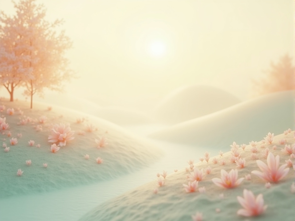 Prompt: Soothing color scheme, pastel hues, gentle gradients, calming atmosphere, serene landscape, misty morning, soft sunlight, warm beige tones, creamy whites, pale blues, muted greens, natural textures, organic shapes, minimalist design, subtle patterns, elegant typography, harmonious balance, 2.5D composition, atmospheric lighting, realistic renderings.