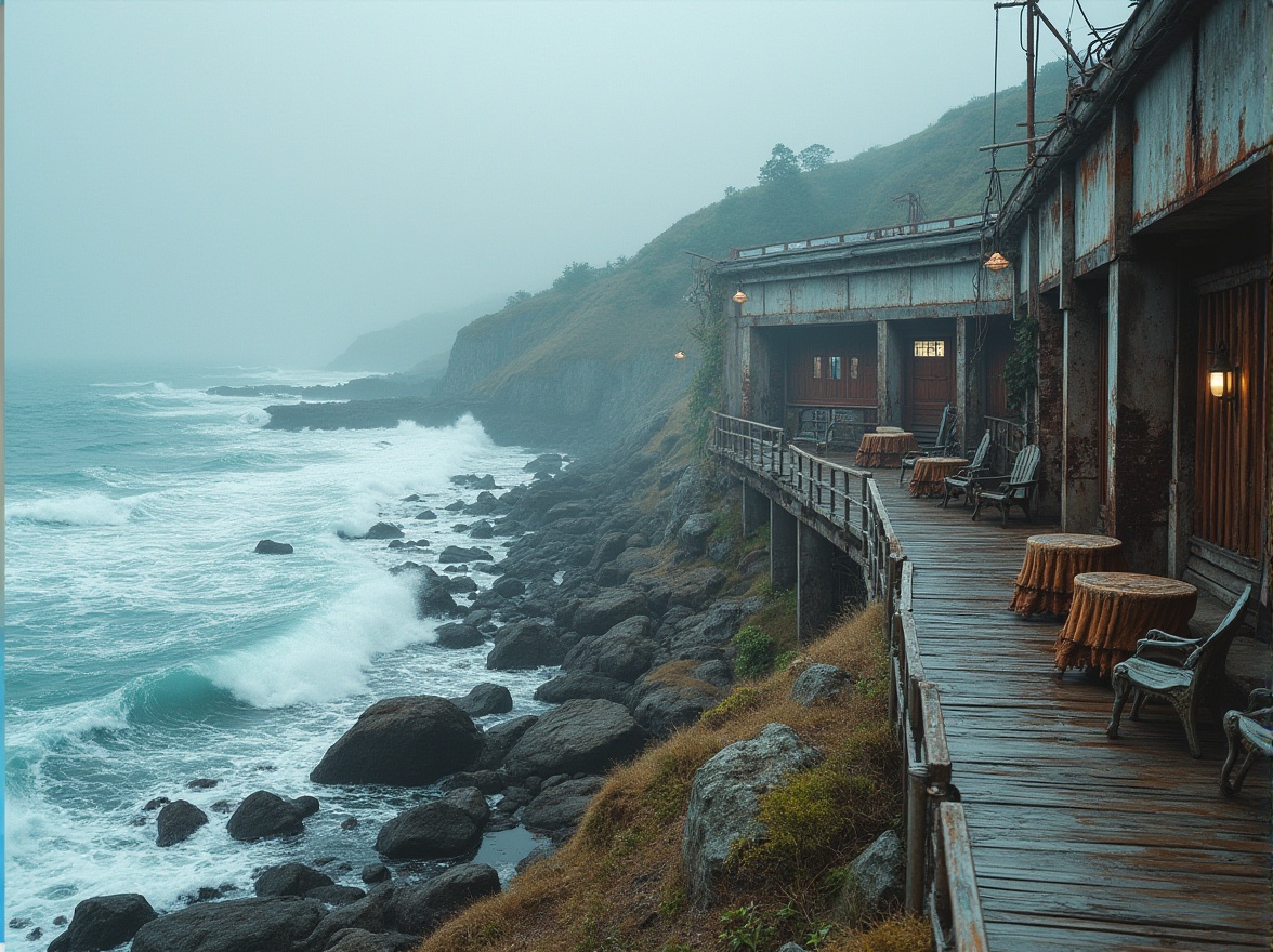 Prompt: Rugged coastline, rocky shores, crashing ocean waves, sea salt air, beachside promenade, weathered wooden boardwalks, coastal defense systems, storm-resistant buildings, curved lines, reinforced concrete structures, rust-colored metal accents, driftwood-inspired furniture, nautical-themed decorations, blue-green color palette, soft natural lighting, misty atmosphere, 1/2 composition, medium depth of field, realistic water effects.