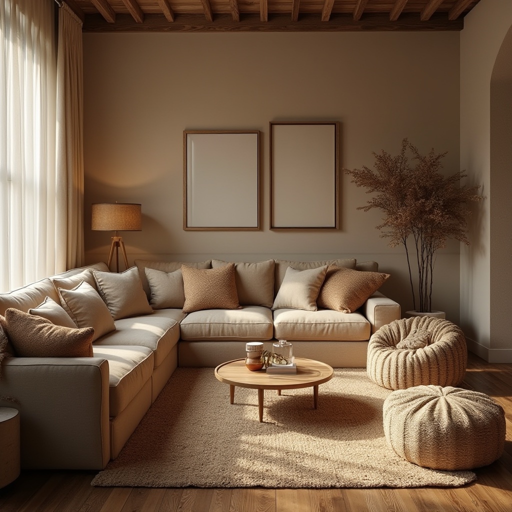 Prompt: Cozy living room, plush velvet sofas, soft woven carpets, natural fiber rugs, comfortable throw pillows, elegant drapery, warm wooden accents, earthy tone color palette, organic fabric textures, subtle sheen finish, ambient lighting, 1/2 composition, intimate atmosphere, realistic fabric simulations.