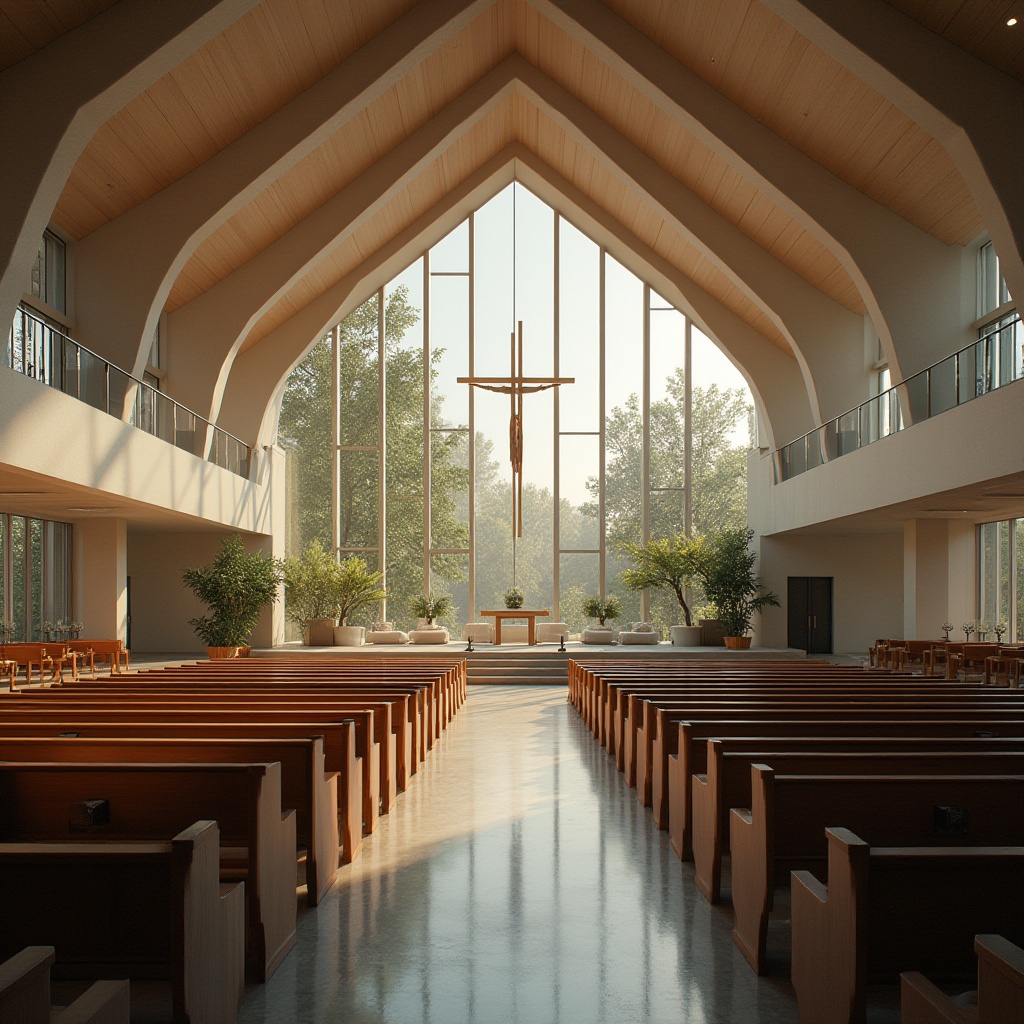 Prompt: Contemporary church architecture, sleek lines, minimalist fa\u00e7ade, large stained glass windows, natural light illumination, open interior spaces, curved wooden pews, modern spiritual ambiance, abstract crucifix designs, ambient LED lighting, polished concrete floors, subtle textures, 3/4 composition, shallow depth of field, realistic renderings, soft warm glow, serene atmosphere, peaceful surroundings, lush greenery, blooming flowers.