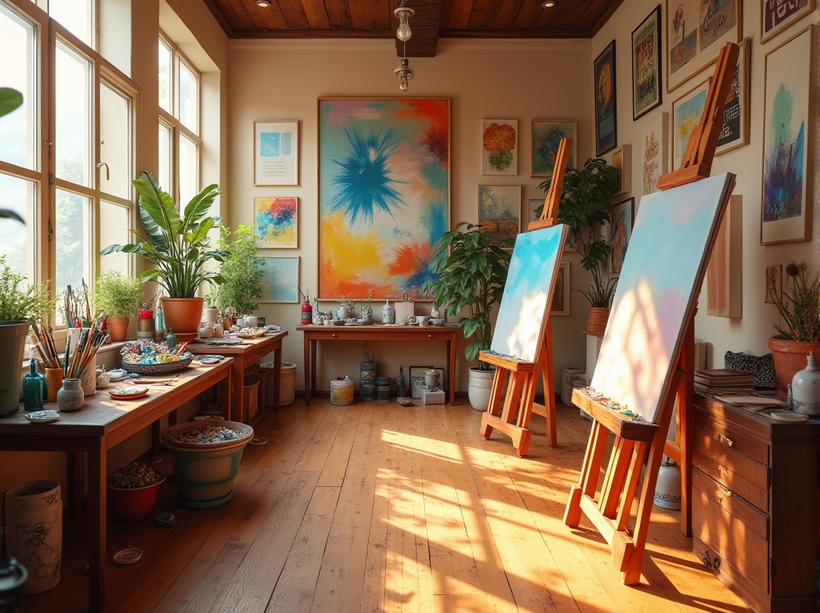 Prompt: Vibrant art studio, natural light, wooden easels, colorful paint tubes, artistic brushes, inspiring quotes, warm beige walls, rich walnut floors, eclectic furniture, bold abstract artwork, harmonious color scheme, analogous hues, triadic contrasts, split-complementary accents, monochromatic backgrounds, soft gradient transitions, 3D visualization, realistic textures, atmospheric lighting, shallow depth of field, 2/3 composition, panoramic view.Please let me know if this meets your requirements!