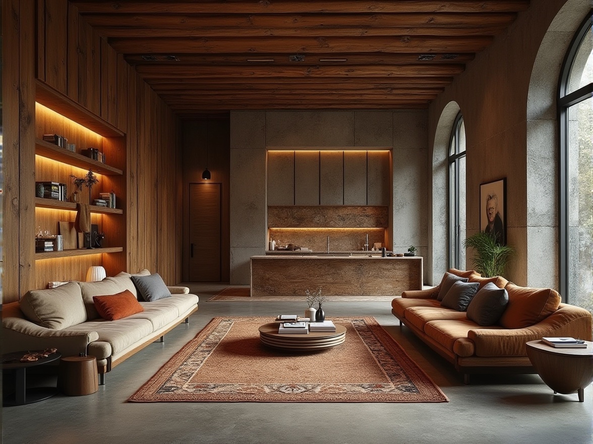 Prompt: Rustic wooden accents, smooth marble countertops, rough stone walls, sleek metal fixtures, velvety soft upholstery, intricate patterned rugs, glossy polished floors, matte concrete surfaces, warm ambient lighting, dramatic shadowing, high contrast composition, 1/2 format framing, cinematic depth of field, realistic material reflections.