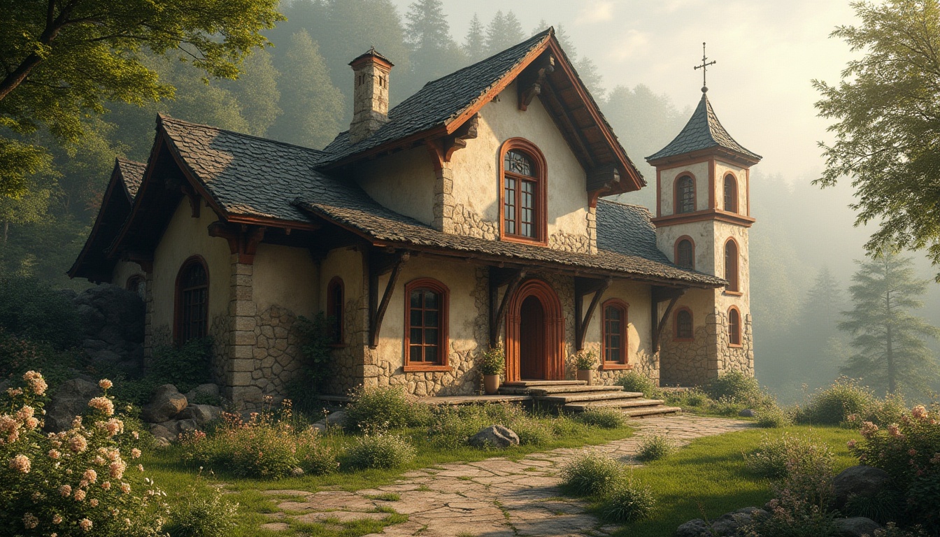 Prompt: Rustic church architecture, earthy tones, natural stone walls, wooden accents, verdant surroundings, lush greenery, blooming flowers, serene atmosphere, misty morning, soft warm lighting, subtle shadows, 1/1 composition, intimate focal length, realistic textures, ambient occlusion, harmonious integration with nature, curved lines, organic shapes, earth-inspired colors, blending with environment.