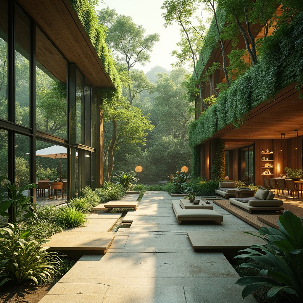 Prompt: Lush green walls, living trees, natural stone floors, wooden accents, floor-to-ceiling windows, abundant daylight, panoramic views, outdoor seating areas, water features, modern minimalist furniture, earthy color palette, organic shapes, botanical patterns, nature-inspired artwork, soft warm lighting, shallow depth of field, 3/4 composition, realistic textures, ambient occlusion.