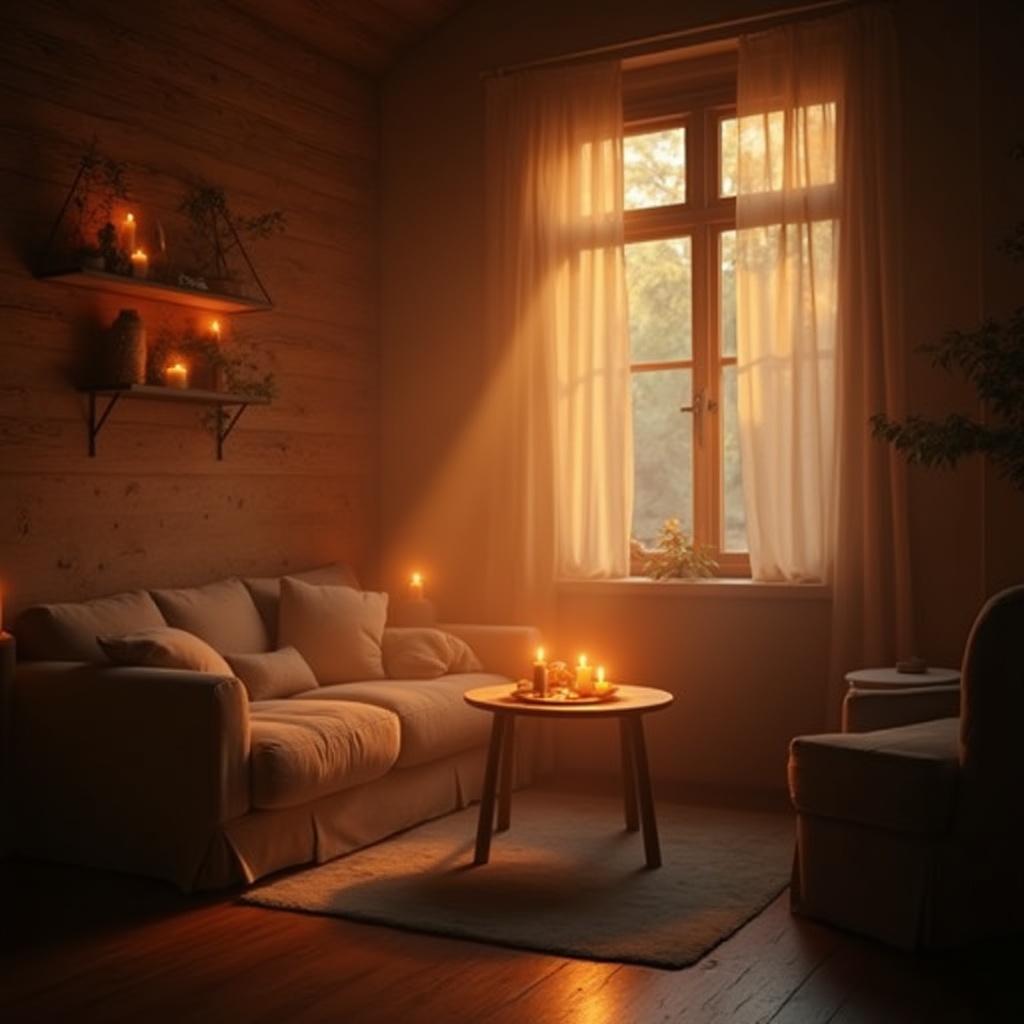 Prompt: Warm ambient glow, softbox lights, cozy candlelight, atmospheric fog, mysterious shadows, dramatic spotlights, vibrant color temperature, layered lighting effects, intimate setting, relaxed mood, warm beige tones, rustic wooden textures, comfortable seating areas, plush furnishings, subtle sparkle, warm golden lighting, cinematic atmosphere, 1/1 composition, shallow depth of field, realistic render.