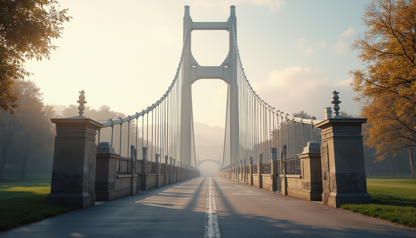 Prompt: Elegant suspension bridge, sleek steel cables, sturdy pillars, pedestrian walkways, bicycle lanes, gentle arches, symmetrical composition, rustic stone abutments, modern academic architecture, grand entrance gates, manicured lawns, mature trees, serene river views, misty morning atmosphere, soft warm lighting, shallow depth of field, 1/1 composition, realistic textures, ambient occlusion.