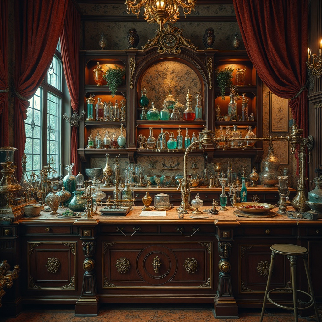 Prompt: Intricate laboratory equipment, ornate metalwork, flowing organic lines, vibrant jewel-toned glassware, elaborate wooden cabinetry, luxurious velvet drapes, polished brass fixtures, ornamental ceramic tiles, botanical illustrations, antique scientific instruments, mysterious experimentation scenes, warm softbox lighting, shallow depth of field, 1/1 composition, realistic textures, ambient occlusion.