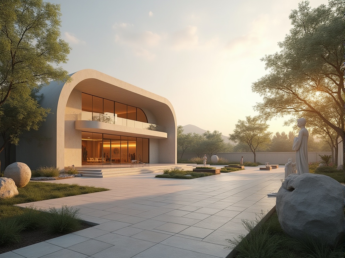 Prompt: Elegant memorial center, curved glass facade, subtle lighting effects, solemn atmosphere, peaceful gardens, walking paths, benches, water features, spiritual sculptures, natural stone walls, minimalist landscaping, modern architecture, cantilevered roofs, asymmetrical compositions, warm beige colors, soft ambient lighting, shallow depth of field, 1/1 composition, realistic textures, ambient occlusion.