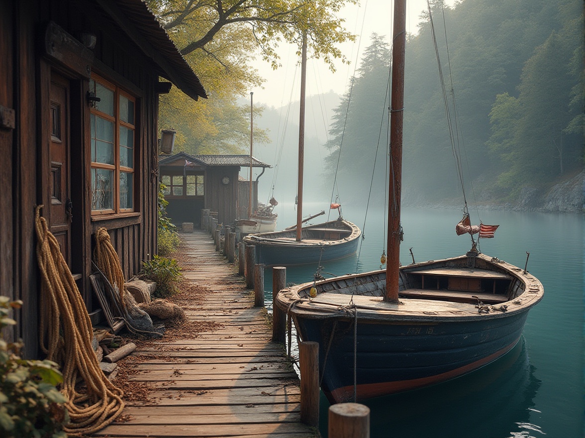 Prompt: Waterfront boathouse, rustic wooden docks, nautical ropes, weathered boats, serene lake views, misty mornings, soft warm lighting, shallow depth of field, 3/4 composition, natural color palette, earthy tones, blues and whites, distressed wood textures, corrugated metal roofs, porthole windows, cozy interior spaces, plush furnishings, vintage nautical decor, woven textiles, natural fabrics, subtle patterns.