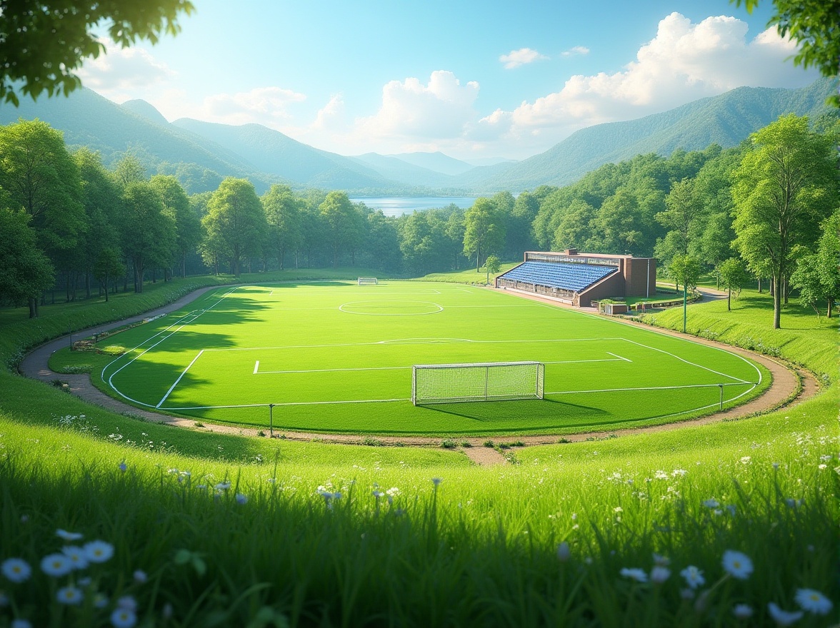 Prompt: Natural grass pitches, rolling hills, serene forest backdrop, meandering walking trails, sports stadium seating, athletic track lanes, goalposts, soccer balls, tennis courts, basketball hoops, vibrant team colors, lush greenery, blooming flowers, sunny day, soft warm lighting, shallow depth of field, 3/4 composition, panoramic view, realistic textures, ambient occlusion.