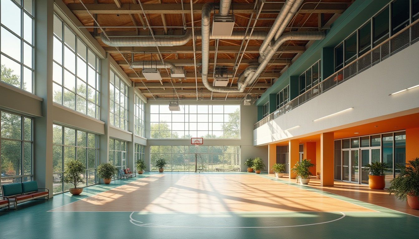 Prompt: Modern gymnasium building, large windows, natural ventilation systems, solar panels, green roofs, recycled materials, eco-friendly flooring, energy-efficient lighting, spacious interior, high ceilings, exposed ductwork, minimalist decor, vibrant colorful accents, athletic equipment, basketball courts, running tracks, fitness centers, yoga studios, meditation rooms, abundant natural light, soft warm glow, shallow depth of field, 3/4 composition, realistic textures, ambient occlusion.