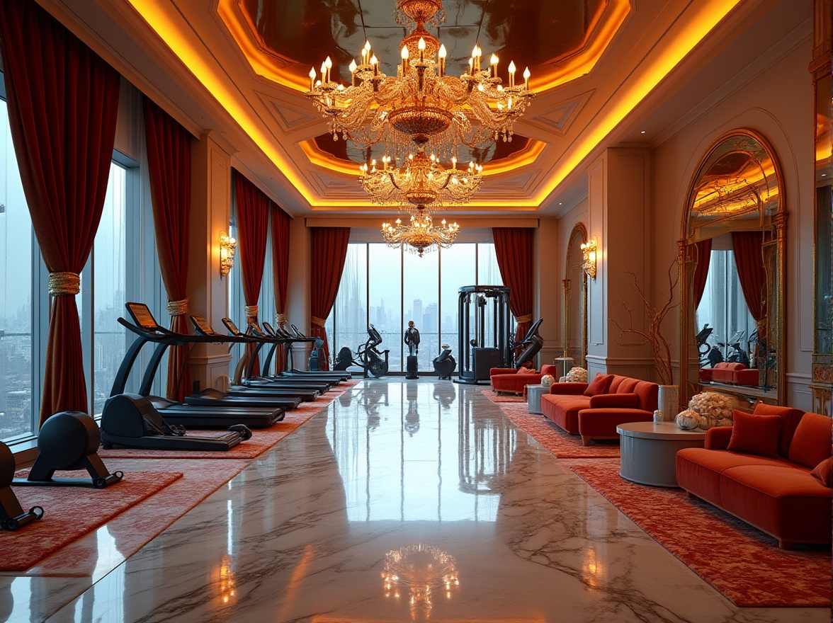 Prompt: Luxurious fitness club, ornate chandeliers, polished marble floors, velvet drapes, gilded mirrors, intricately patterned carpets, modern minimalist equipment, sleek metal accents, warm LED lighting, atmospheric misting system, panoramic city views, floor-to-ceiling windows, urban chic vibe, high-end finishes, spa-inspired amenities, lavish locker rooms, indulgent relaxation areas, vibrant color scheme, dynamic composition, shallow depth of field.