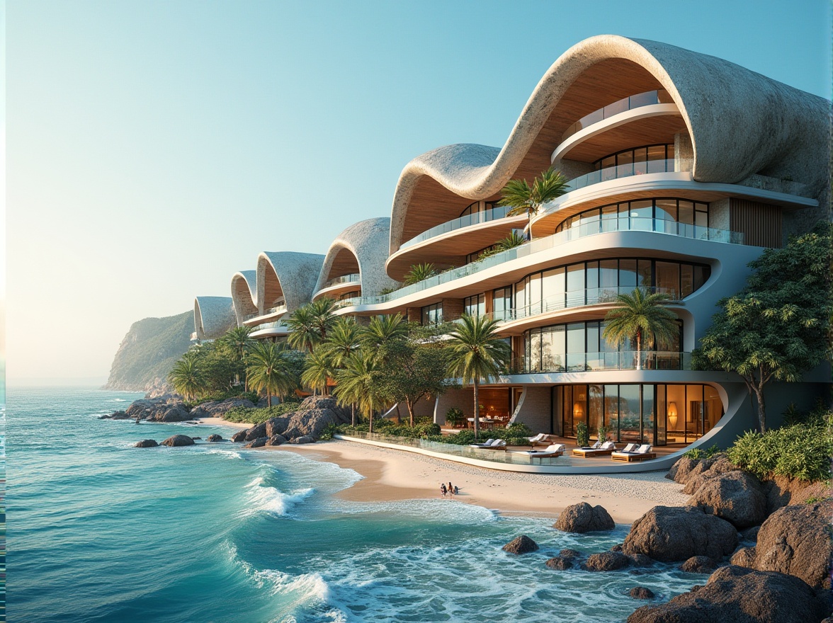 Prompt: Oceanfront coastal buildings, wave-inspired curvaceous lines, iridescent glass facades, anodized aluminum cladding, weathered wood accents, salt-resistant materials, beachy color palette, tropical greenery, coral-like structures, cantilevered balconies, sea-breeze ventilation systems, solar-powered lighting, ocean-view windows, 1/2 composition, shallow depth of field, warm soft focus, natural textures, ambient occlusion.Please let me know if this meets your requirements!