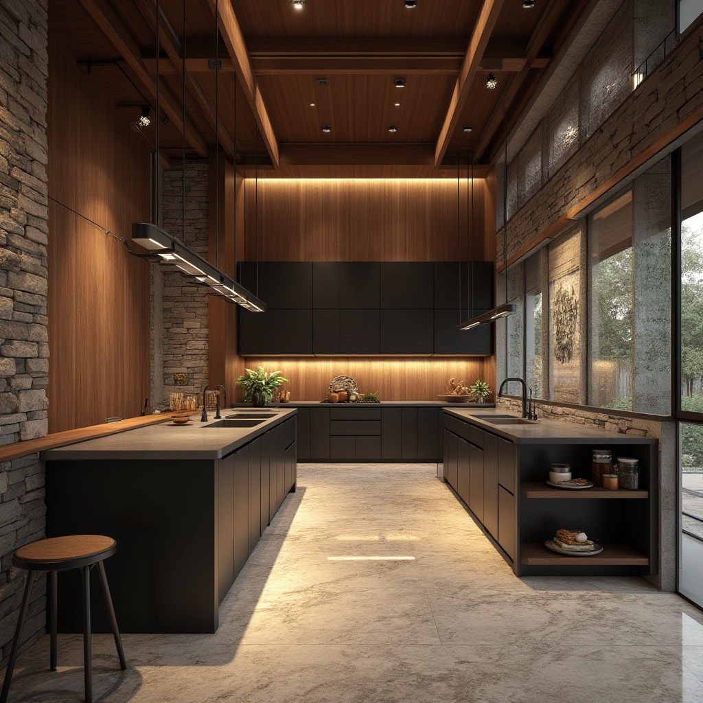 Prompt: Luxurious interior space, high-end finishes, rich wood tones, polished marble floors, metallic accents, sleek glass surfaces, matte black countertops, durable ceramic tiles, industrial-chic concrete walls, rustic wooden beams, natural stone cladding, warm ambient lighting, shallow depth of field, 1/2 composition, soft focus, realistic textures.