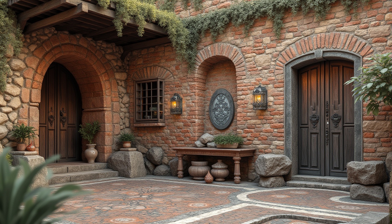 Prompt: Rustic stone walls, rugged brick facades, wooden accents, distressed metal cladding, rough-hewn concrete surfaces, ornate tile work, vibrant mosaic patterns, intricate stonework, natural rock formations, earthy tones, warm ambient lighting, shallow depth of field, 3/4 composition, panoramic view, realistic textures, ambient occlusion.