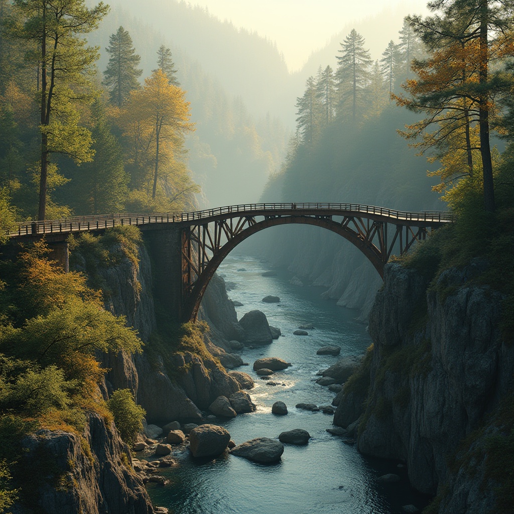 Prompt: Rustic steel bridge, meandering river, lush green banks, majestic waterfalls, rugged rock formations, dense forest surroundings, misty morning atmosphere, warm golden lighting, soft focus effect, 1/1 composition, symmetrical view, realistic stone textures, ambient occlusion, curved pedestrian paths, wooden railings, natural stone piers, subtle waterfall sounds, vibrant autumn foliage, serene river reflections.