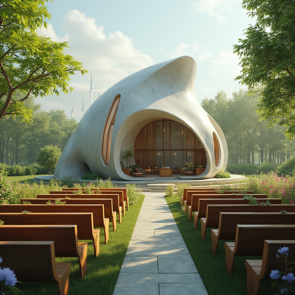 Prompt: Organic blob-shaped church, curved lines, natural stone fa\u00e7ade, green roofs, solar panels, wind turbines, rainwater harvesting systems, recycled materials, minimalist interior, wooden pews, stained glass windows, soft warm lighting, shallow depth of field, 1/1 composition, panoramic view, realistic textures, ambient occlusion, peaceful atmosphere, lush surrounding gardens, blooming flowers, serene natural environment.