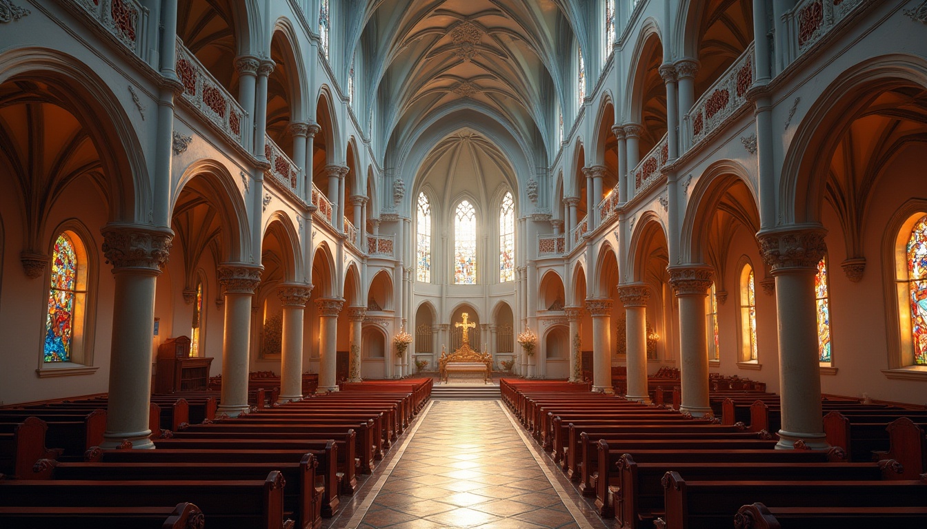 Prompt: Majestic church interior, vaulted ceilings, stained glass windows, ornate altarpieces, rich wooden pews, intricate stone carvings, warm golden lighting, soft pastel hues, calming blue tones, earthy brown shades, vibrant red accents, subtle texture overlays, realistic material reflections, 1/2 composition, atmospheric perspective, dramatic chiaroscuro, divine ambiance.