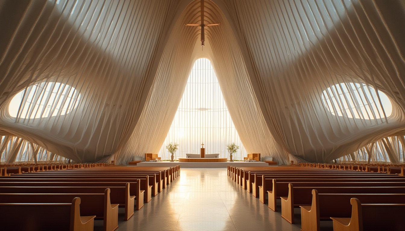 Prompt: Contemporary church architecture, grand entrance, sweeping curves, stained glass windows, minimalist interior, sacred symbols, wooden pews, abstract sculptures, natural light pouring, dramatic vaulted ceilings, clerestory windows, sleek metal beams, geometric patterns, spiritual ambiance, serene atmosphere, soft warm lighting, shallow depth of field, 3/4 composition, panoramic view, realistic textures, ambient occlusion.