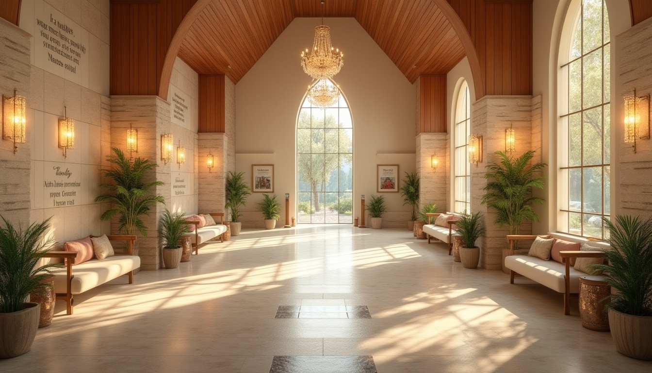 Prompt: Soothing memorial center, calming atmosphere, soft warm lighting, natural stone walls, wooden accents, serene water features, gentle fountain sounds, peaceful plant arrangements, comfortable seating areas, inspirational quotes, subtle color schemes, elegant chandeliers, spacious open layouts, harmonious blend of modern and traditional styles, warm beige tones, inviting entranceways, respectful ambiance, contemplative mood, shallow depth of field, 1/1 composition, realistic textures, ambient occlusion.