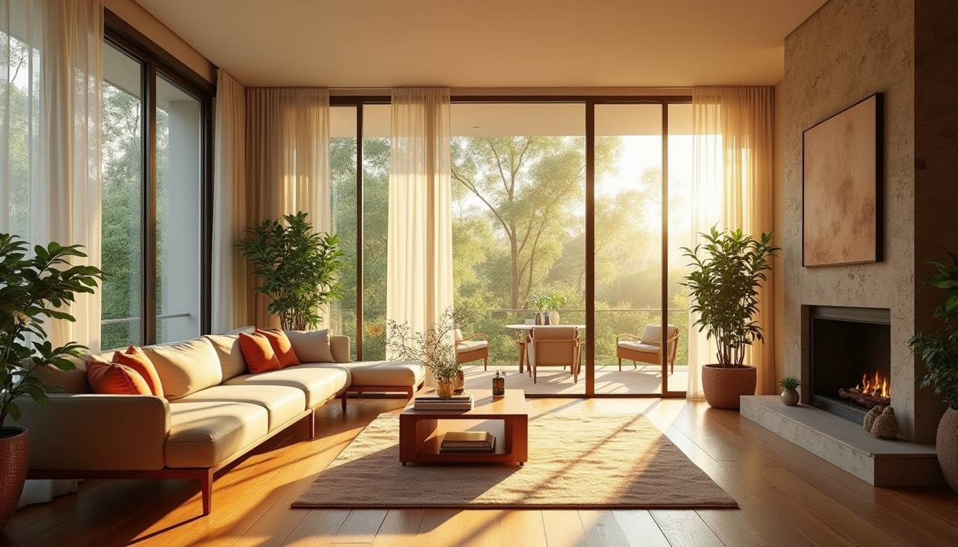 Prompt: Vibrant living room, floor-to-ceiling windows, sheer curtains, warm beige walls, polished wooden floors, comfortable sofas, modern coffee tables, lush green plants, natural stone fireplace, soft diffused lighting, golden hour ambiance, 1/1 composition, shallow depth of field, realistic textures, ambient occlusion.