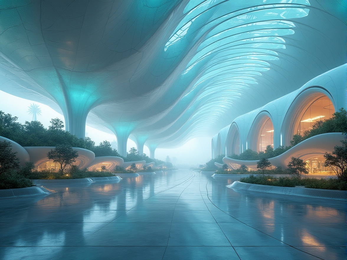 Prompt: Bioluminescent airport terminal, undulating curves, iridescent shells, fluidic structures, translucent canopies, soft diffused lighting, natural ventilation systems, organic patterns, futuristic architecture, sweeping arches, aerodynamic lines, parametric design, 3D printed components, sustainable materials, living walls, green roofs, misty atmospheric effects, shallow depth of field, panoramic view, realistic textures, ambient occlusion.