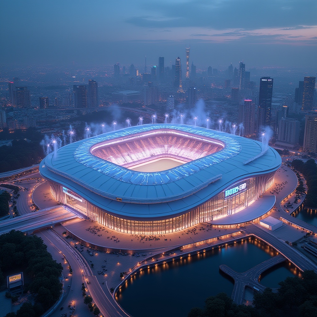 Prompt: Modern international-style stadium facade, sleek curved lines, dynamic shapes, cantilevered roofs, large glass surfaces, transparent walls, minimalist aesthetic, futuristic vibe, vibrant LED lighting, evening atmosphere, urban landscape, bustling cityscape, surrounding skyscrapers, elevated pedestrian walkways, grand entrance gates, monumental scale, geometric patterns, metallic materials, polished steel, reflective surfaces, atmospheric misting systems, dramatic spotlights, 3/4 composition, shallow depth of field, realistic textures.