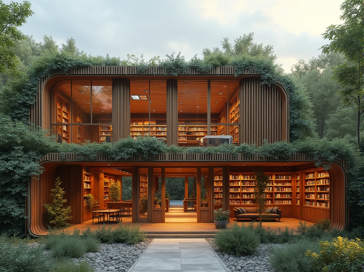 Prompt: Rustic library exterior, wooden accents, green roof systems, lush vegetation, solar panels integration, curved lines, natural stone cladding, large skylights, clerestory windows, ambient lighting, warm earthy tones, cozy reading nooks, bookshelf-inspired fa\u00e7ade, modern minimalist design, eco-friendly materials, rainwater harvesting systems, grey water reuse, energy-efficient solutions, panoramic views, shallow depth of field, 3/4 composition, realistic textures, ambient occlusion.