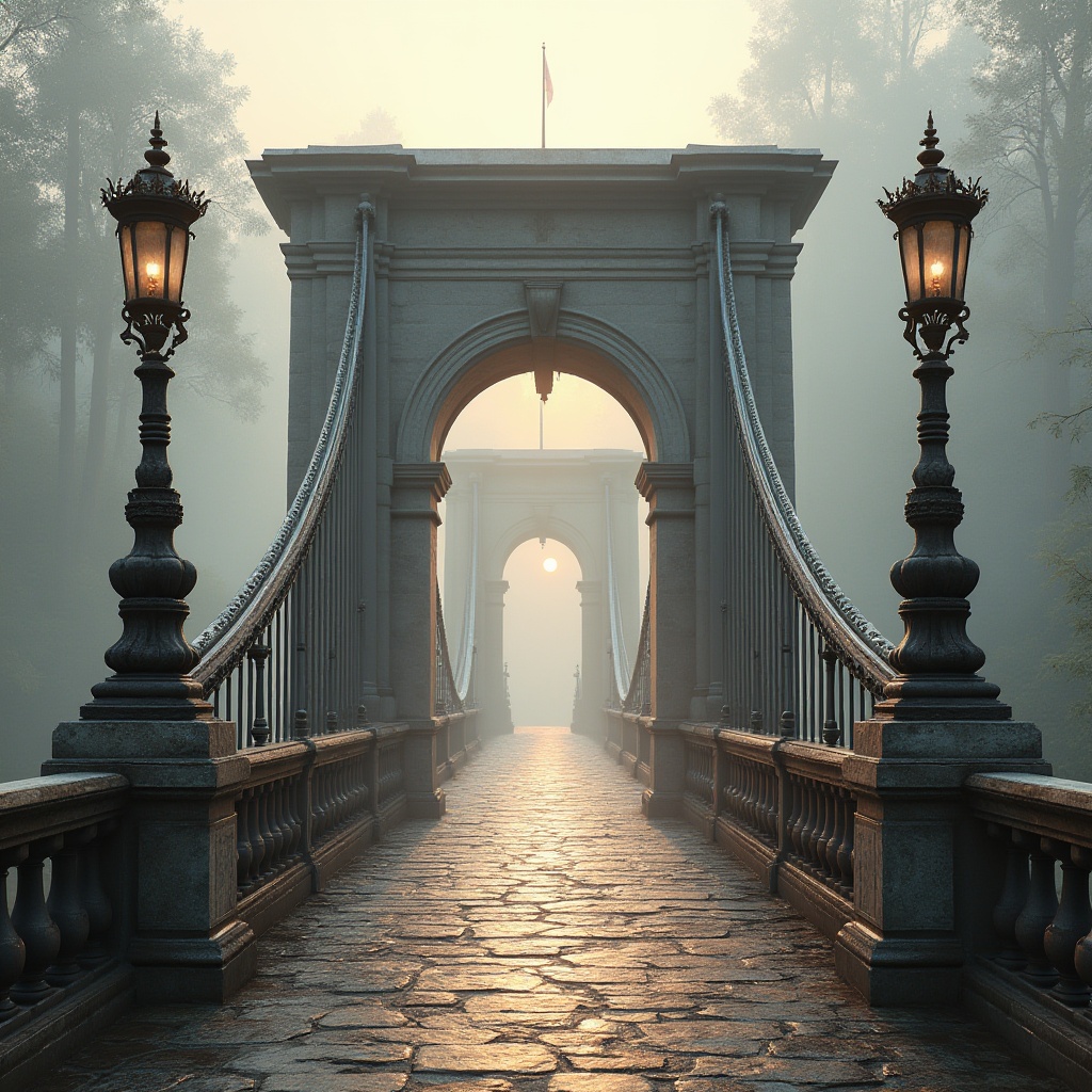 Prompt: Majestic bridge architecture, classical stone arches, ornate metal railings, grandiose pillars, symmetrical composition, rustic stonework, weathered copper details, elegant lamp posts, intricate carvings, ornamental sculptures, misty atmosphere, soft warm lighting, shallow depth of field, 1/1 composition, realistic textures, ambient occlusion.