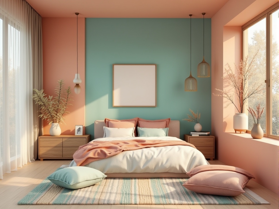 Prompt: Vibrant color scheme, pastel hues, soft peach tones, rich turquoise accents, creamy whites, deep charcoal grays, warm golden lighting, atmospheric misty effects, subtle texture overlays, organic natural patterns, earthy terracotta undertones, modern minimalist aesthetic, Scandinavian-inspired design, cozy intimate atmosphere, inviting warm spaces, functional simplicity, elegant sophistication.