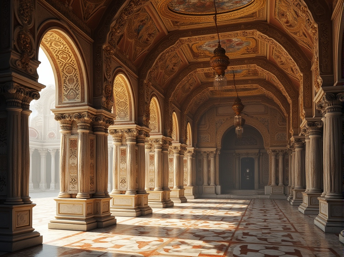 Prompt: Intricate stone carvings, ornate mosaics, golden domes, grand archways, richly patterned marble floors, ornamental columns, lavish frescoes, Byzantine-inspired capitals, intricate vaulted ceilings, detailed iconography, warm earthy tones, soft diffused lighting, shallow depth of field, 1/2 composition, realistic textures, ambient occlusion.