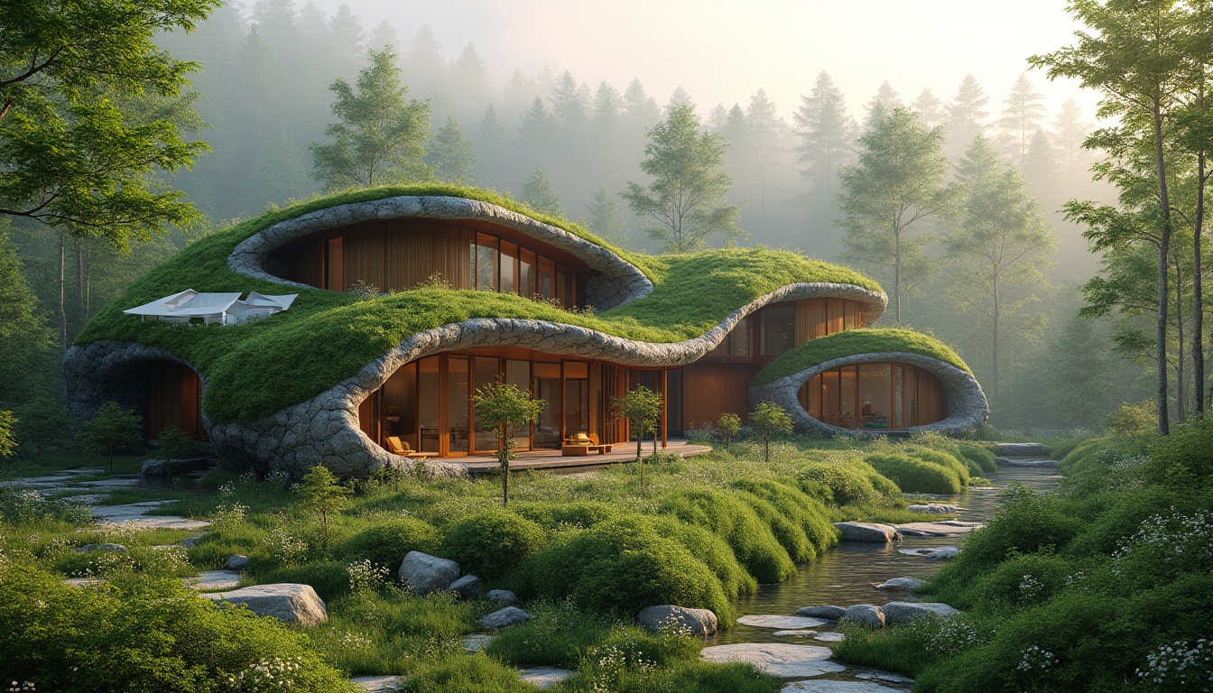 Prompt: Seamless landscape integration, blending nature with modern architecture, lush green roofs, living walls, natural stone facades, curved lines, organic forms, sustainable design, eco-friendly materials, renewable energy systems, solar panels, wind turbines, rainwater harvesting, grey water reuse, native plant species, wildflower meadows, serene forest surroundings, misty morning atmosphere, soft warm lighting, shallow depth of field, 3/4 composition, panoramic view, realistic textures, ambient occlusion.