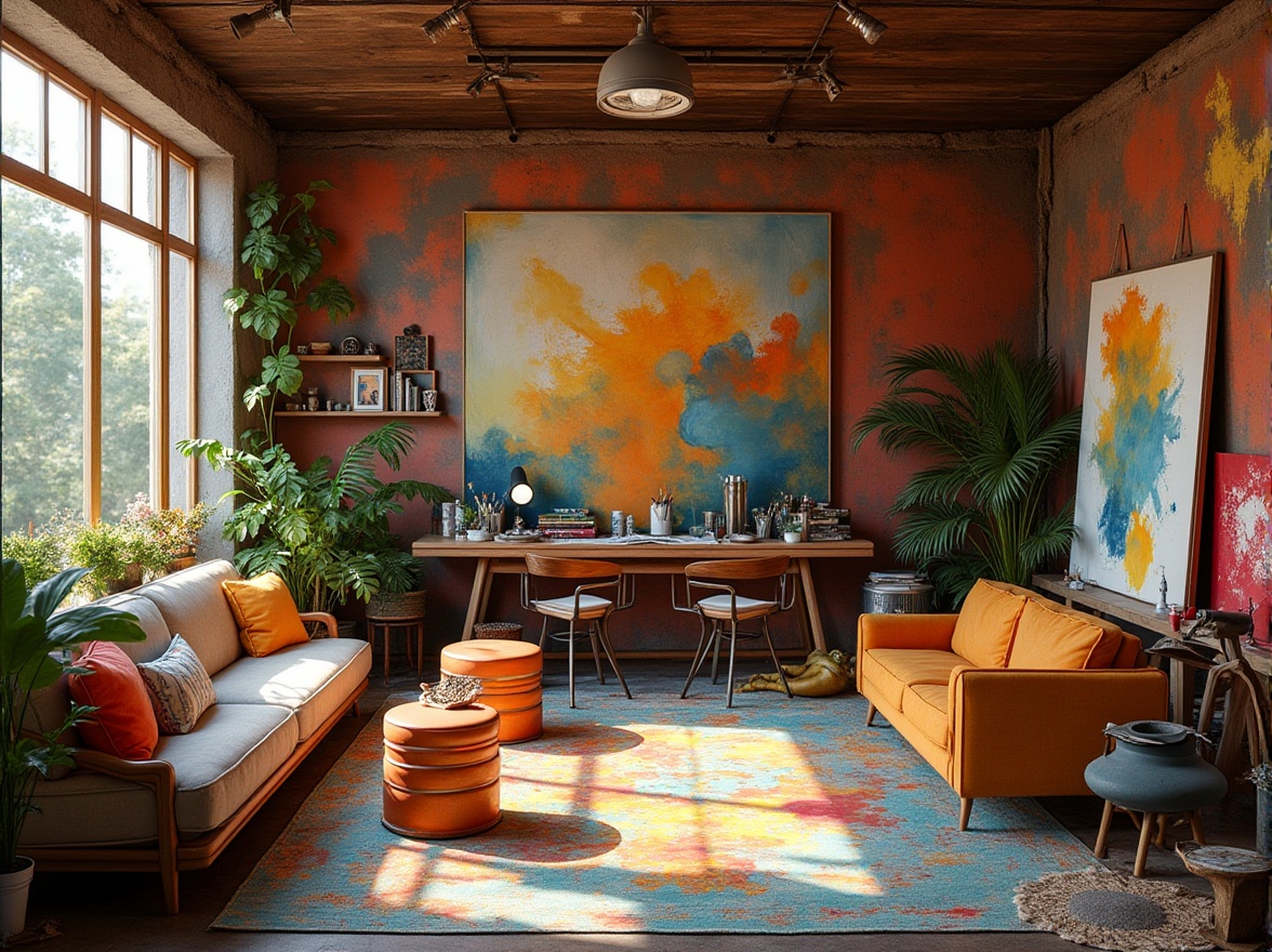 Prompt: Vibrant artistic studio, eclectic furniture, rich wood accents, bold brushstrokes, expressive splatters, mixed media textures, harmonious color palette, analogous hues, triadic contrasts, warm golden lighting, soft focus, shallow depth of field, 1/1 composition, realistic renderings, ambient occlusion.