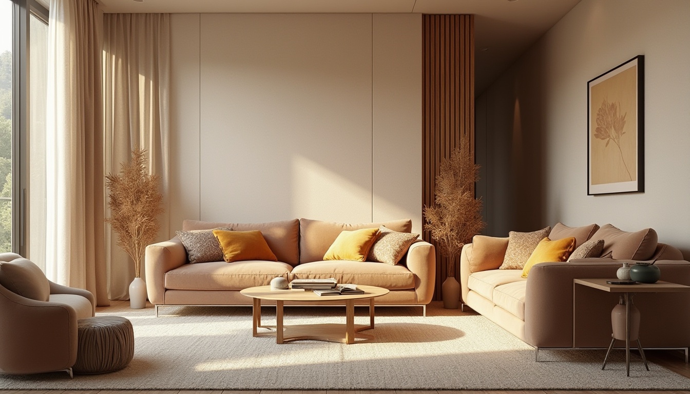 Prompt: Cozy living room, plush sofas, velvet pillows, soft carpet flooring, rich wood accents, warm beige walls, elegant drapery, floor-to-ceiling windows, natural daylight, subtle texture contrasts, luxurious fabric patterns, intricate embroidery details, soothing color palette, calming atmosphere, ambient lighting, shallow depth of field, 1/1 composition, realistic renderings.