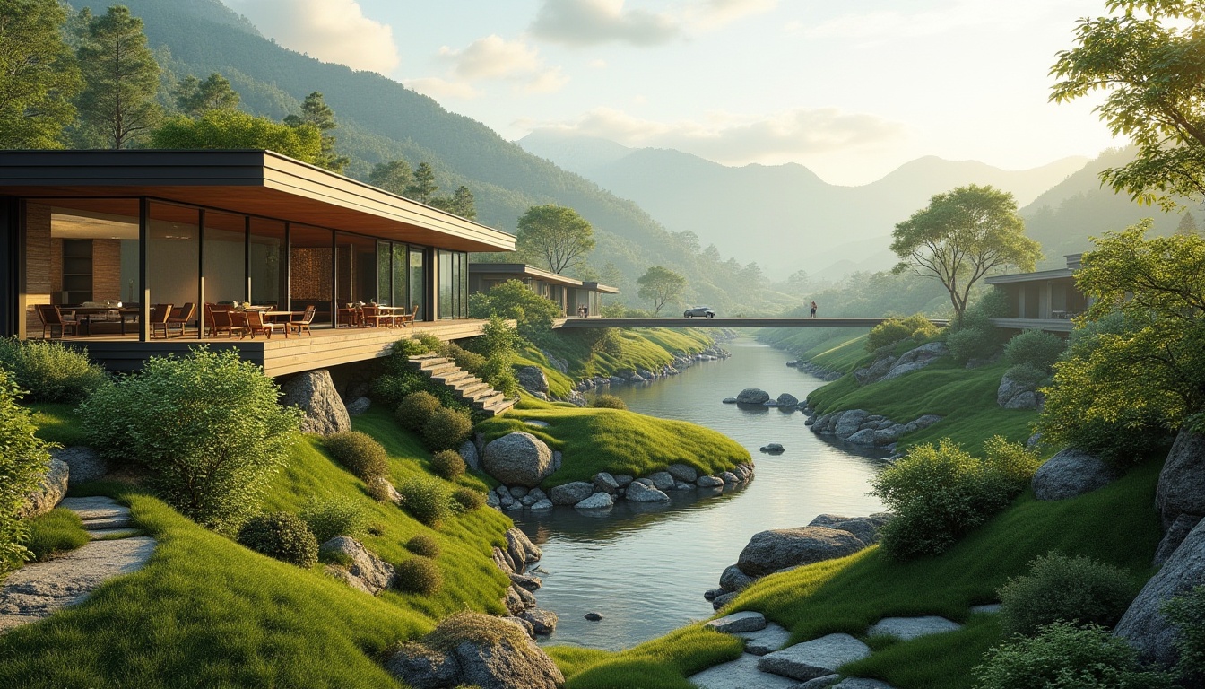 Prompt: Harmonious landscape integration, rolling hills, lush greenery, meandering pathways, serene water features, natural stone walls, wooden accents, modern architecture, sleek lines, large windows, sliding glass doors, abundant sunlight, soft warm lighting, shallow depth of field, 3/4 composition, panoramic view, realistic textures, ambient occlusion.