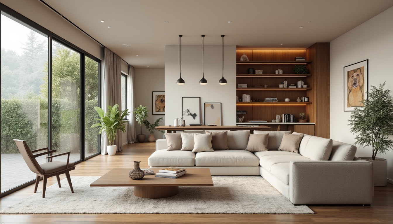 Prompt: Modern minimalist living room, spacious open-plan layout, comfortable seating area, sleek low-profile furniture, polished wooden floors, neutral color palette, ample natural light, floor-to-ceiling windows, sliding glass doors, functional storage solutions, multi-functional coffee table, cozy reading nook, task-oriented desk space, soft warm lighting, 1/1 composition, realistic textures, ambient occlusion.